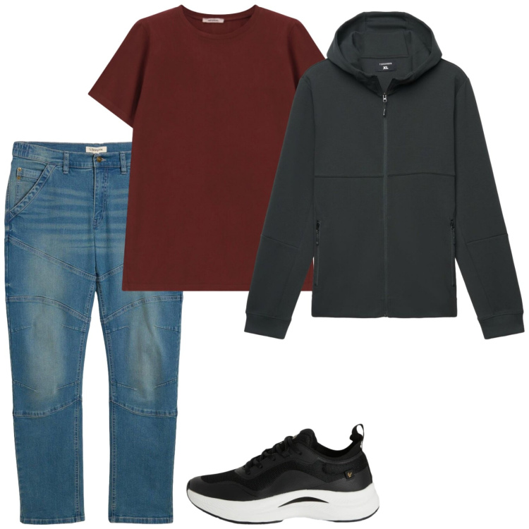 Outfit uomo - Total look #2382124. Stile Casual per Tutti i giorni. Abbinamento con jeans dritti, felpe con cappuccio, t-shirt, sneakers.