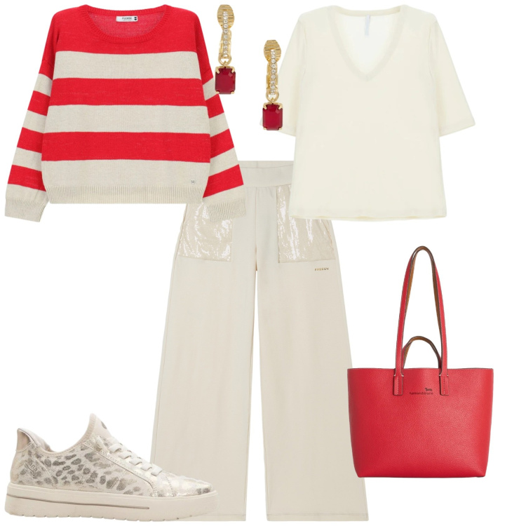 Outfit donna - Trendy ufficio tempo libero. Stile Trendy per Tutti i giorni. Abbinamento con sneakers, t-shirt, maglieria, shopping bag, pantaloni, orecchini.
