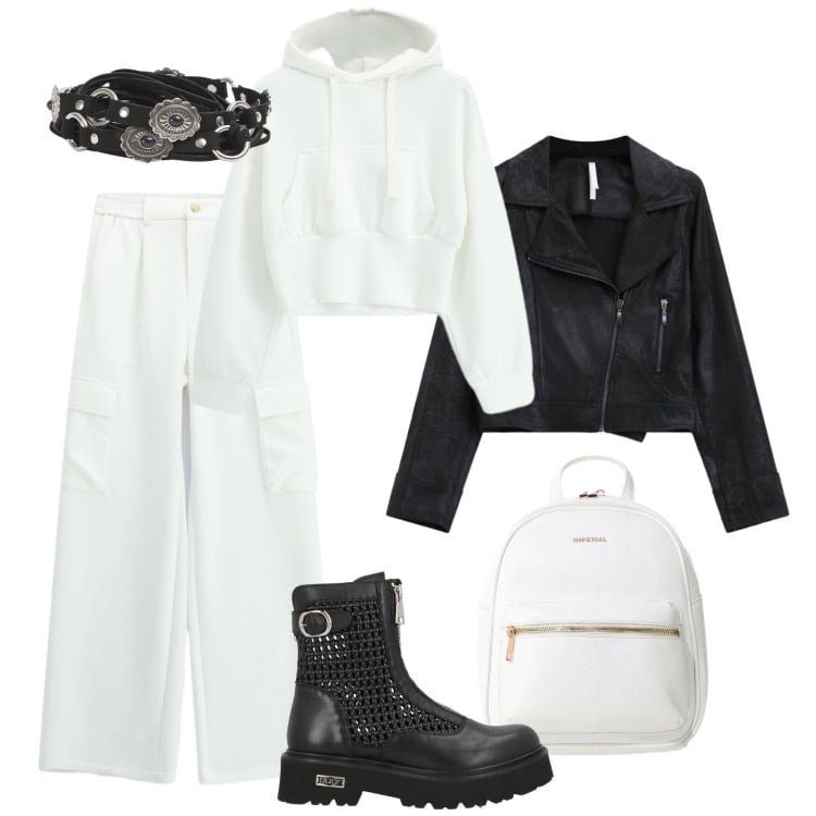Outfit donna - Urbana black & white. Stile Urban per Tutti i giorni. Abbinamento con stivaletti, cinture, pantaloni cargo, zaini, giacche, felpe con cappuccio.
