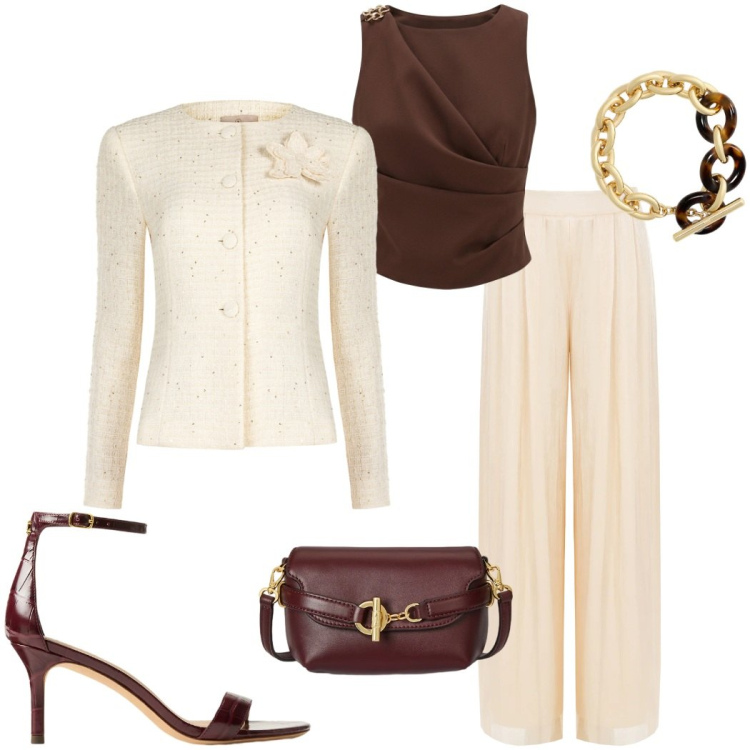 Outfit donna - Occasione: cerimonia. Stile Chic per Cerimonia. Abbinamento con top, blazer, pantaloni a palazzo, borse a tracolla, sandali in pelle, braccialetti.