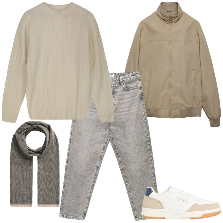 Outfit uomo - Total look #2382134. Stile Casual per Tutti i giorni. Abbinamento con sneakers, sciarpe, maglieria, jeans, bomber.