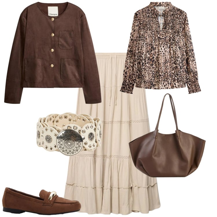 Outfit donna - Casual chic ufficio tempo libero. Stile Casual chic per Tutti i giorni. Abbinamento con blazer, bluse, mocassini, shopping bag, gonne lunghe, cinture.
