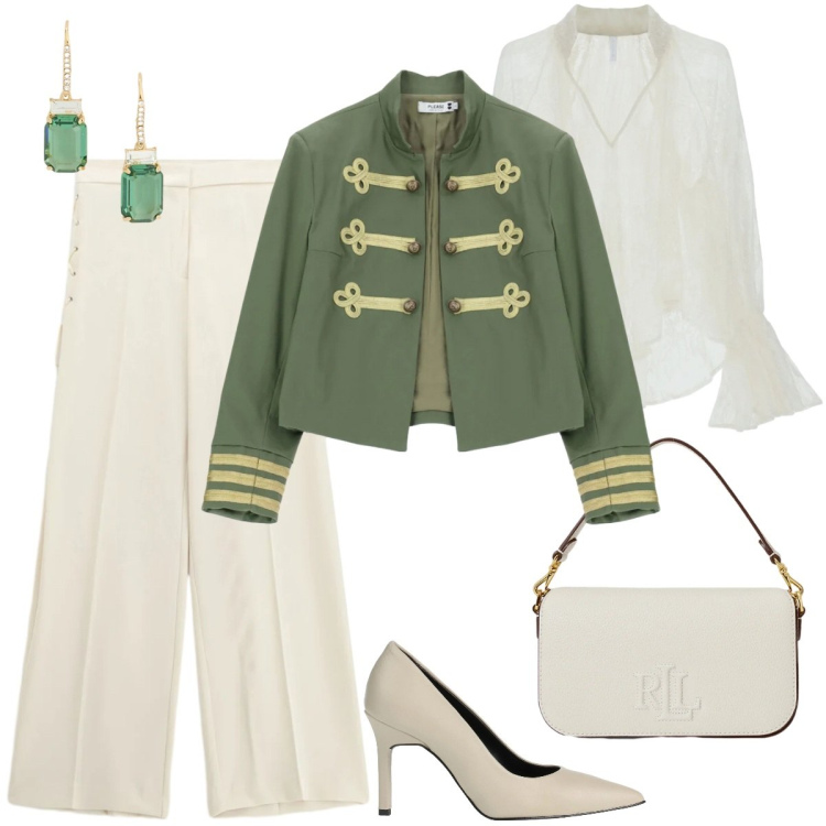 Outfit donna - Giacca stile Napoleone. Stile Glamour per Cerimonia. Abbinamento con décolleté, cappotti, pantaloni, bluse, borse a spalla, orecchini.