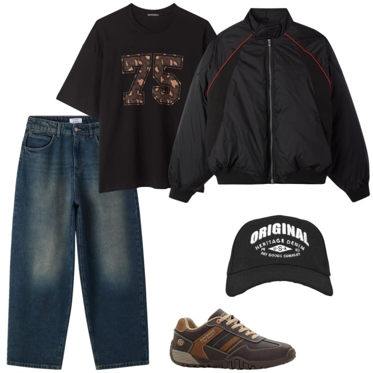 Outfit uomo - Total look #2382139. Stile Casual per Tutti i giorni. Abbinamento con sneakers, cappelli con visiera, t-shirt, jeans, bomber.