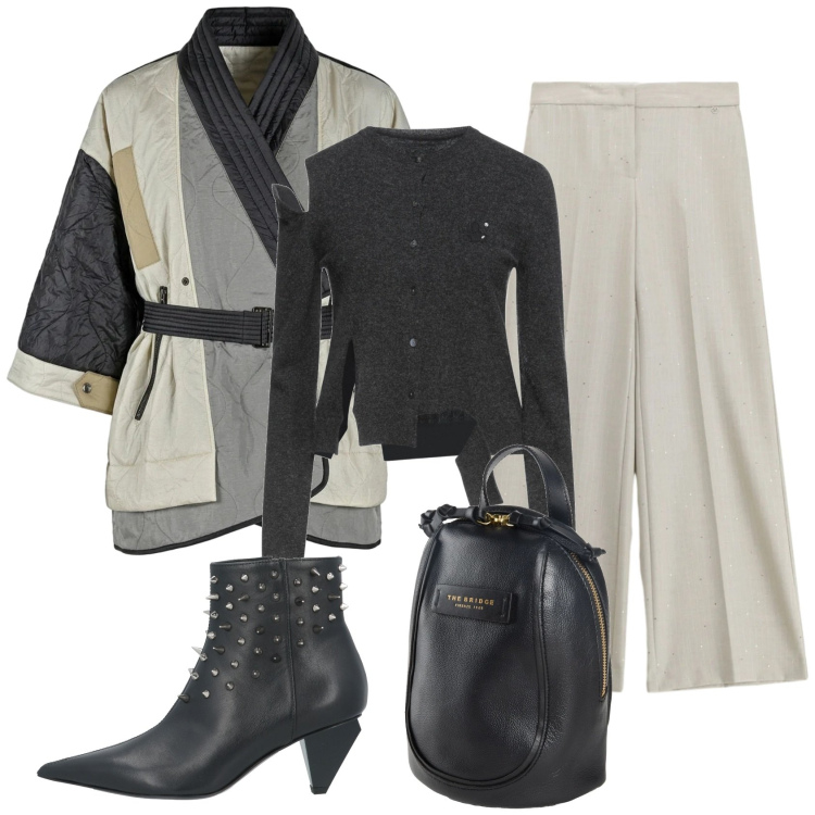 Outfit donna - Total look #2382141. Stile Trendy per Tutti i giorni. Abbinamento con stivaletti, cardigans, zaini, pantaloni a palazzo, kimono.