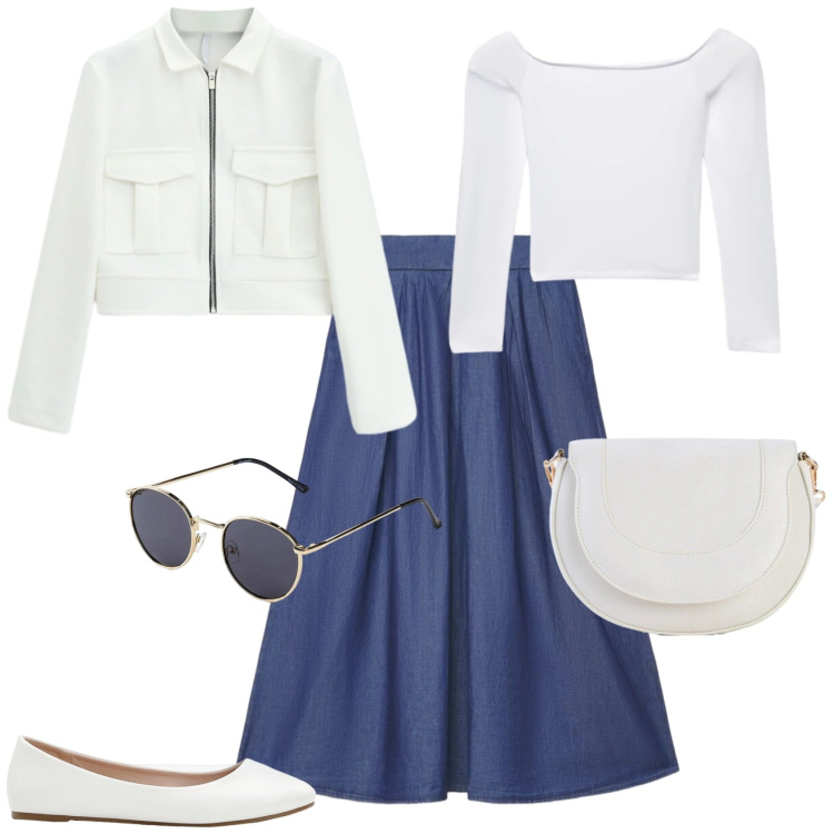Outfit donna - Casual chic ufficio tempo libero. Stile Casual chic per Tutti i giorni. Abbinamento con ballerine, occhiali da sole, borse a tracolla, t-shirt, gonne lunghe, cappotti.