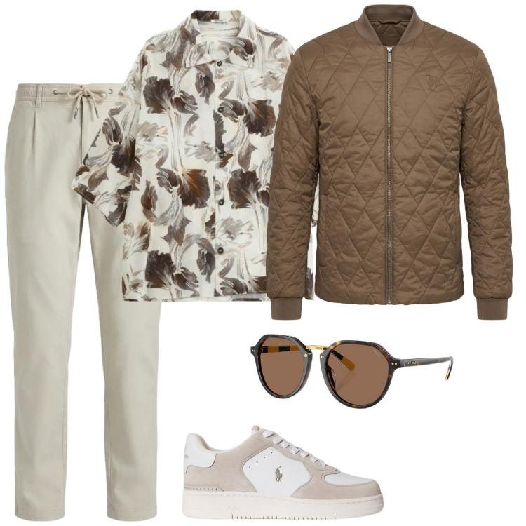 Outfit uomo - Total look #2382147. Stile Trendy per Tutti i giorni. Abbinamento con piumini, pantaloni, camicie a manica corta, occhiali da sole, sneakers.