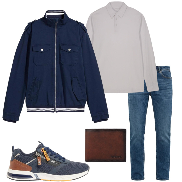 Outfit uomo - In città. Stile Urban per Tutti i giorni. Abbinamento con giacche, sneakers, portafogli, jeans, polo.