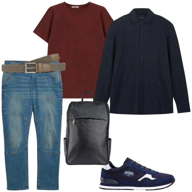 Outfit uomo - Urban. per Tutti i giorni. Abbinamento con sneakers, jeans dritti, cinture, t-shirt, borse sportive, polo.