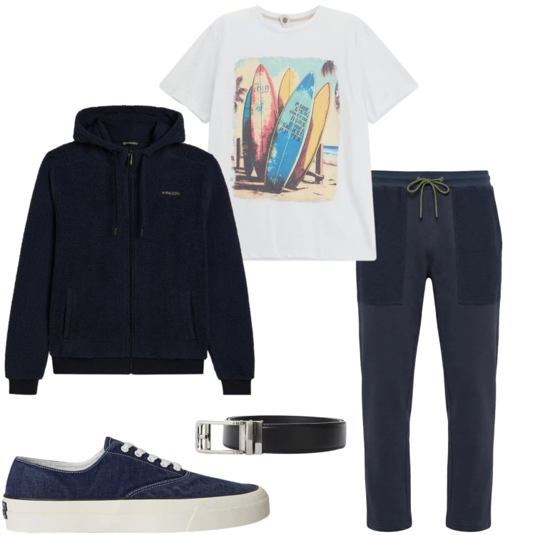 Outfit uomo - T-shirt con stampa. Stile Casual per Tutti i giorni. Abbinamento con pantaloni, t-shirt, cinture, felpe con cappuccio, sneakers.