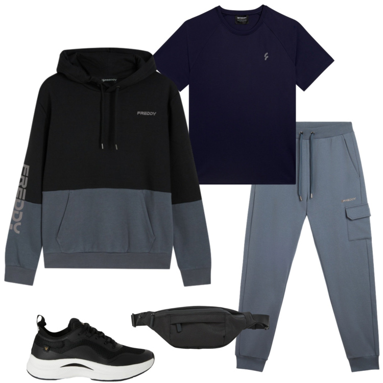 Outfit uomo - Sportivo con Freddy. Stile Casual per Sport. Abbinamento con t-shirt, pantaloni cargo, sneakers, felpe con cappuccio, borse sportive.