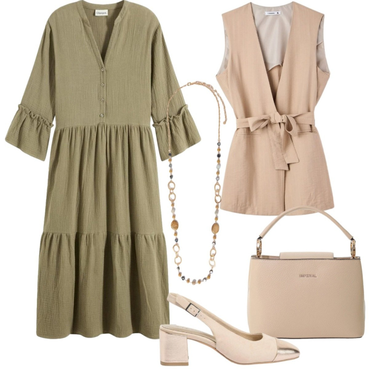 Outfit donna - Il vestito chemisier primaverile. Stile Boho per Tutti i giorni. Abbinamento con décolleté, vestiti chemisier, gilet, borse a secchiello, collane.
