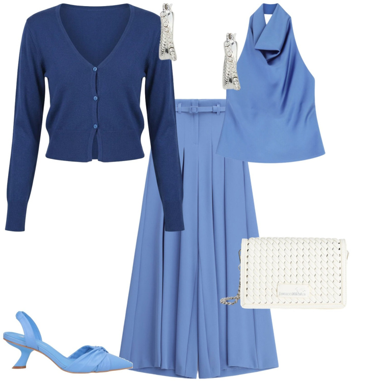 Outfit donna - Casual chic. Stile Casual chic per Serata fuori. Abbinamento con décolleté, pantaloni a palazzo, top, cardigans, borse a tracolla, orecchini.