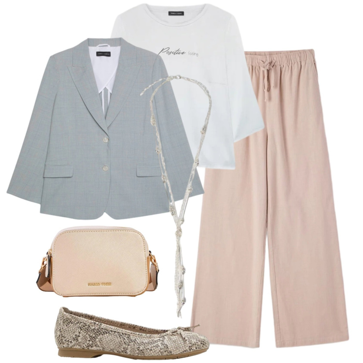 Outfit donna - Effortless, but on point. Stile Casual chic per Tutti i giorni. Abbinamento con ballerine, borse a tracolla, pantaloni, blazer, bluse, collane.