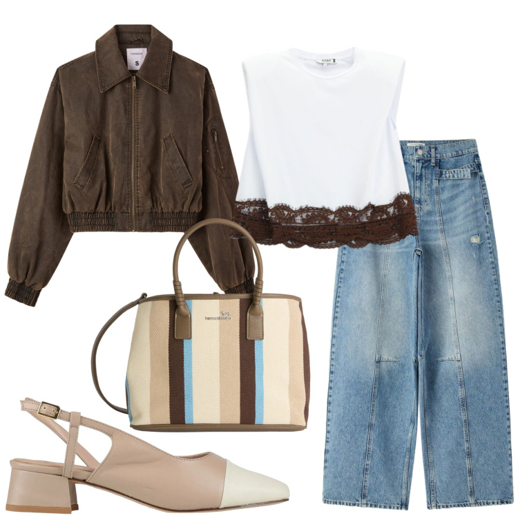 Outfit donna - Total look #2382164. Stile Casual chic per Tutti i giorni. Abbinamento con décolleté, bomber, jeans, top, shopping bag.