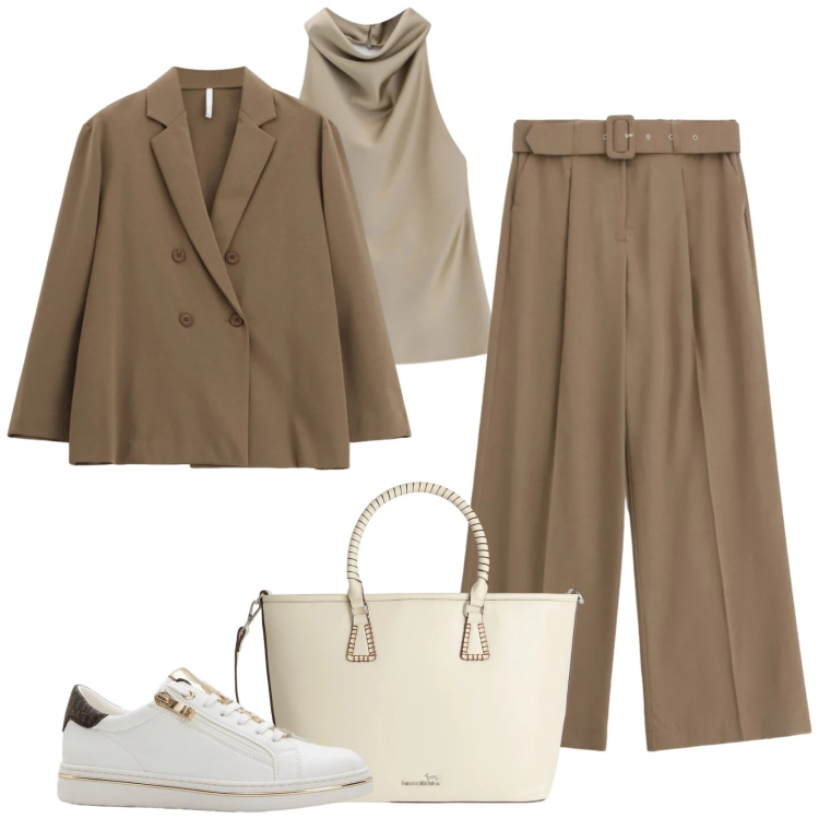 Outfit donna - Effortless, but on point. Stile Casual chic per Tutti i giorni. Abbinamento con sneakers, shopping bag, pantaloni a palazzo, top, blazer.