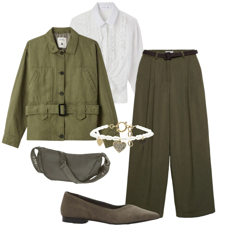 Outfit donna - Stile in città. Stile Casual chic per Tutti i giorni. Abbinamento con ballerine, cappotti, pantaloni, camicie, braccialetti, borse a tracolla.