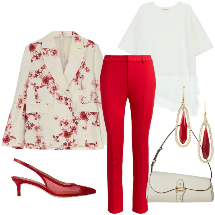 Outfit donna - Blazer in fiore. Stile Chic per Cerimonia. Abbinamento con top, blazer, pantaloni, borse a spalla, orecchini, décolleté.
