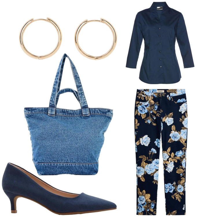 Outfit donna - La primavera in blu Bon Prix.. Stile Trendy per Tutti i giorni. Abbinamento con camicie, orecchini, pantaloni, décolleté, shopping bag.