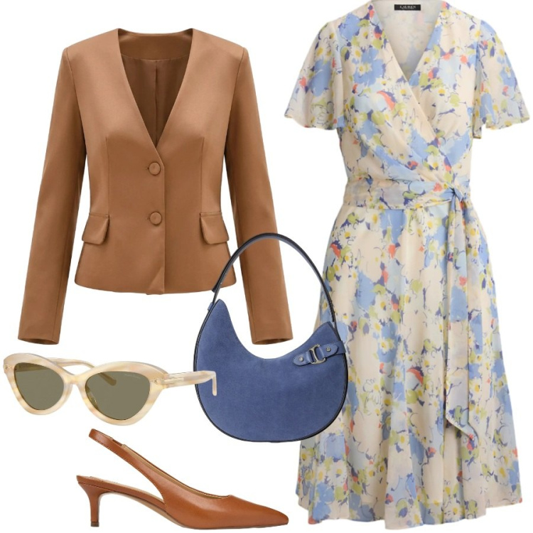 Outfit donna - Weekend. Stile Casual chic per Tutti i giorni. Abbinamento con blazer, occhiali da sole, borse a spalla, décolleté, vestiti midi/longuette.
