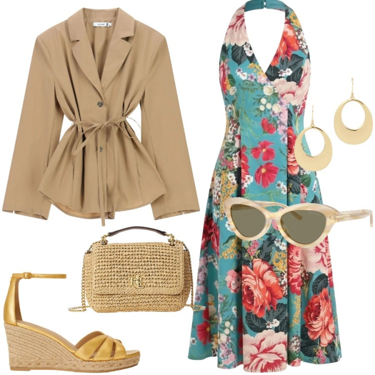 Outfit donna - Come una diva anni \'50. Stile Glamour per Cerimonia. Abbinamento con blazer, vestiti midi/longuette, zeppe, borse a spalla, occhiali da sole, orecchini.