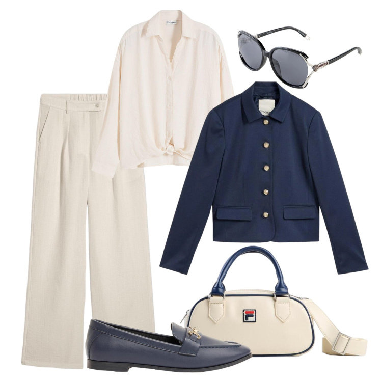 Outfit donna - Blu e panna classic style. Stile Casual chic per Tutti i giorni. Abbinamento con bluse, blazer, pantaloni, mocassini, borse a tracolla, occhiali da sole.
