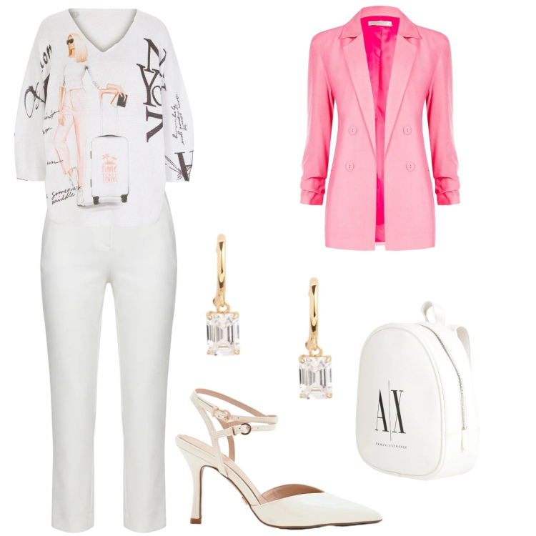 Outfit donna - Bianco e rosa. Stile Chic per Tutti i giorni. Abbinamento con zaini, maglieria, blazer, décolleté, pantaloni, orecchini.