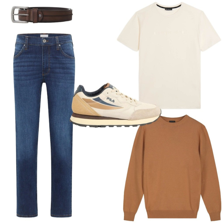 Outfit uomo - # Fila.e.via. Stile Urban per Tutti i giorni. Abbinamento con jeans dritti, sneakers, cinture, t-shirt sportive, maglieria.