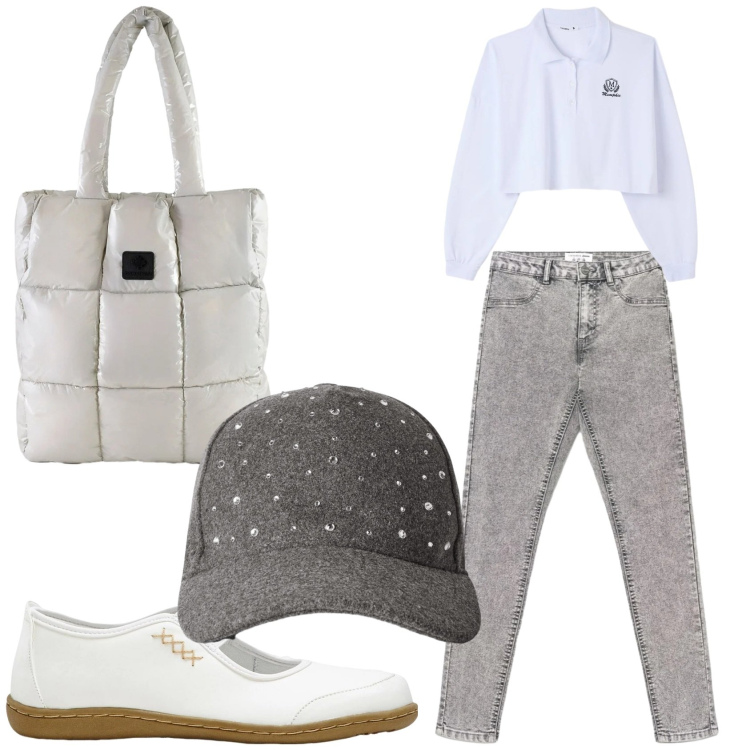 Outfit donna - Domenica barbecue. Stile Sporty chic per Tutti i giorni. Abbinamento con ballerine, cappelli con visiera, jeggings, polo, shopping bag.