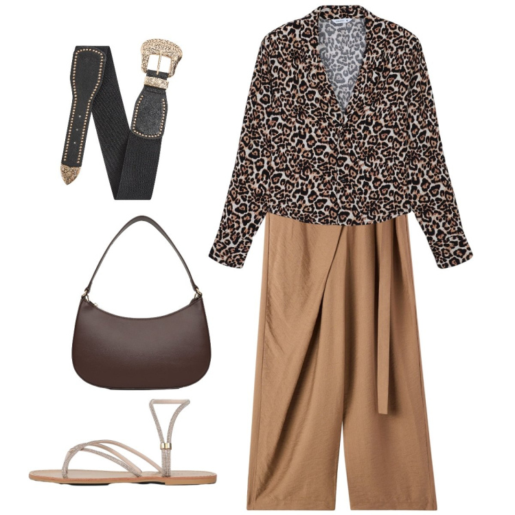 Outfit donna - Marroni chic. Stile Casual chic per Serata fuori. Abbinamento con cinture, camicie, pantaloni, sandali, borse a tracolla.