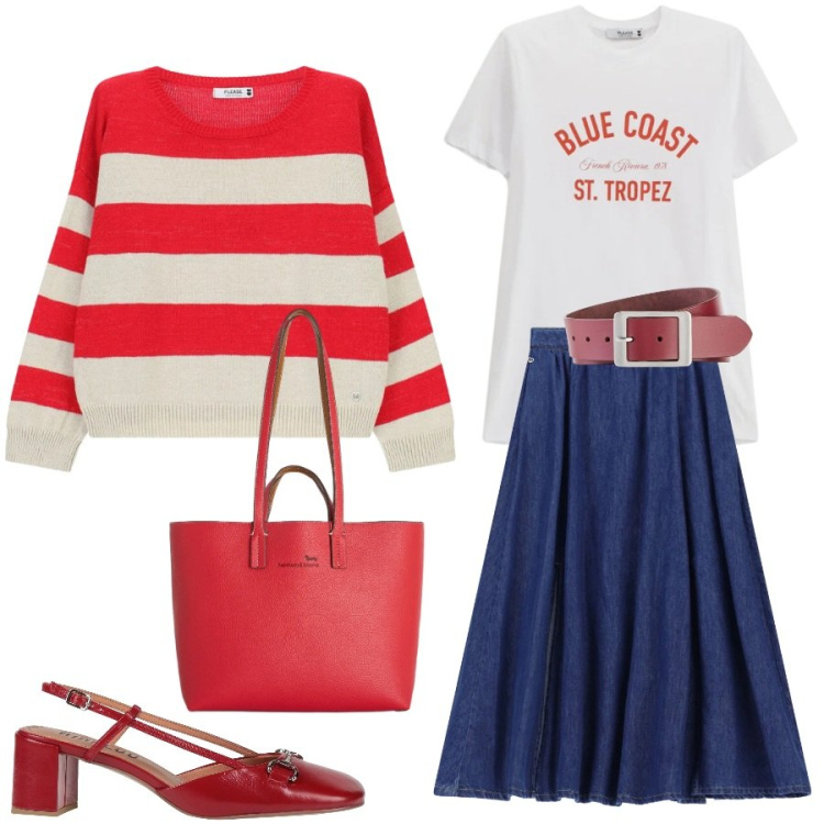 Outfit donna - Total look #2382193. Stile Casual per Tutti i giorni. Abbinamento con décolleté, cinture, gonne lunghe, t-shirt, maglieria, shopping bag.