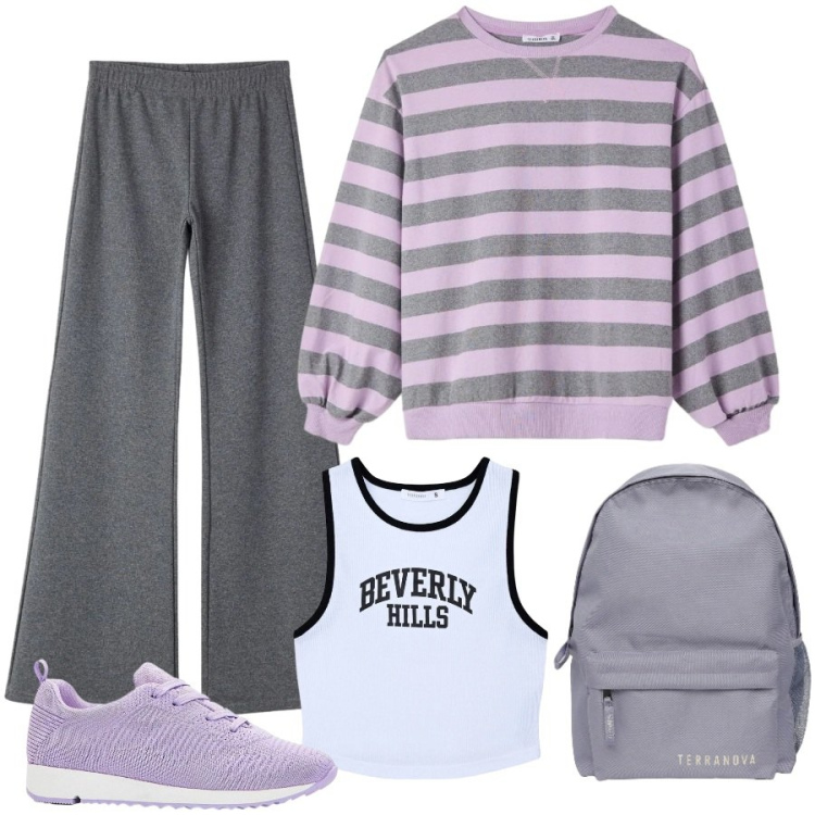 Outfit donna - A lezione. Stile Casual per Scuola/Università. Abbinamento con sneakers, zaini, pantaloni, t-shirt, top sportivi.