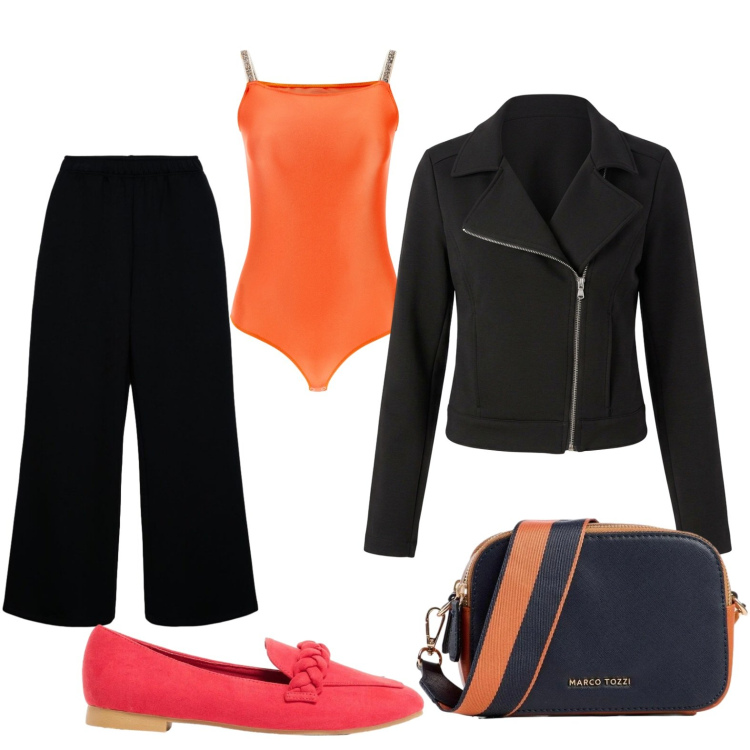 Outfit donna - Vestire in arancione. Stile Casual per Tutti i giorni. Abbinamento con borse a tracolla, mocassini, giacche, pantaloni, top.