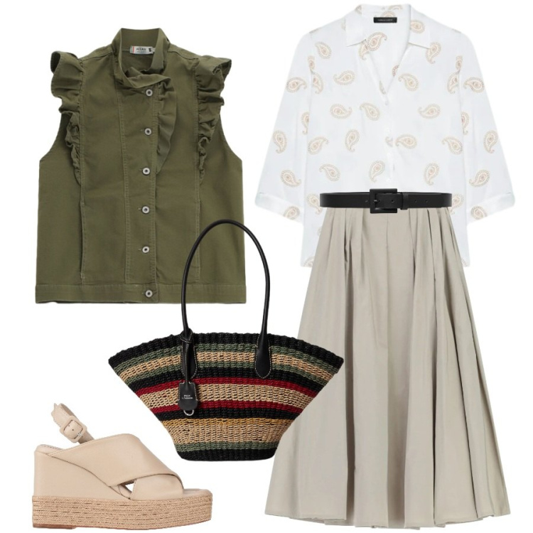Outfit donna - Casual ma chic. Stile Casual chic per Tutti i giorni. Abbinamento con espadrillas, gonne lunghe, cinture, camicie, gilet, borse tote.