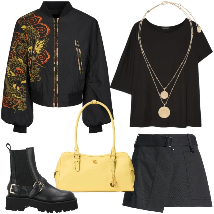 Outfit donna - Urban style. Stile Urban per Serata fuori. Abbinamento con stivaletti, minigonne, t-shirt, bomber, ciondoli, borse a mano.