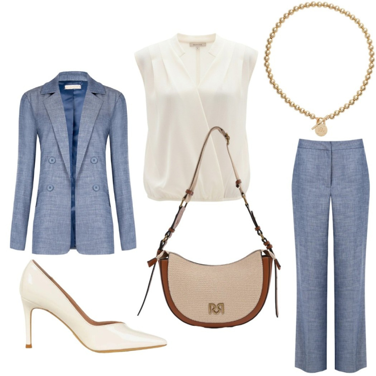 Outfit donna - Total look #2382202. Stile Casual chic per Ufficio. Abbinamento con pantaloni, blazer, top, borse a tracolla, décolleté, collane.