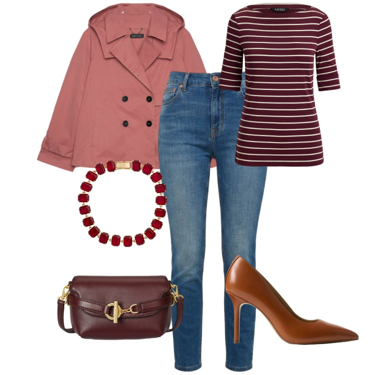 Outfit donna - Total look #2382204. per Scuola/Università. Abbinamento con trench, jeans, braccialetti, borse a tracolla, t-shirt, décolleté.