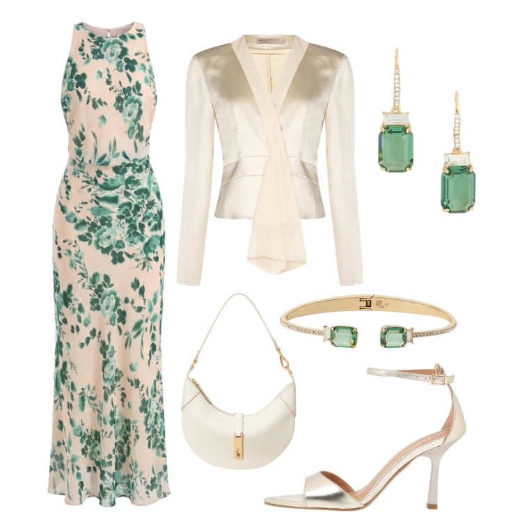 Outfit donna - Cerimonia primaverile. Stile Chic per Cerimonia. Abbinamento con sandali in pelle, vestiti lunghi, blazer, orecchini, borse a spalla, braccialetti.