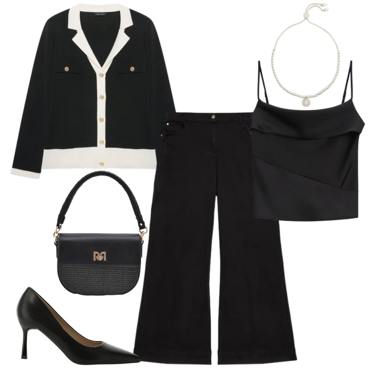 Outfit donna - Total look #2382209. Stile Chic per Serata fuori. Abbinamento con cardigans, pantaloni, canottiere, décolleté, borse a spalla, braccialetti.