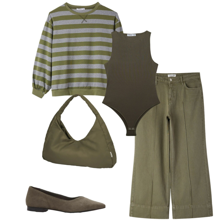 Outfit donna - Total look #2382211. Stile Casual per Tutti i giorni. Abbinamento con ballerine, top, t-shirt, pantaloni, borse a spalla.