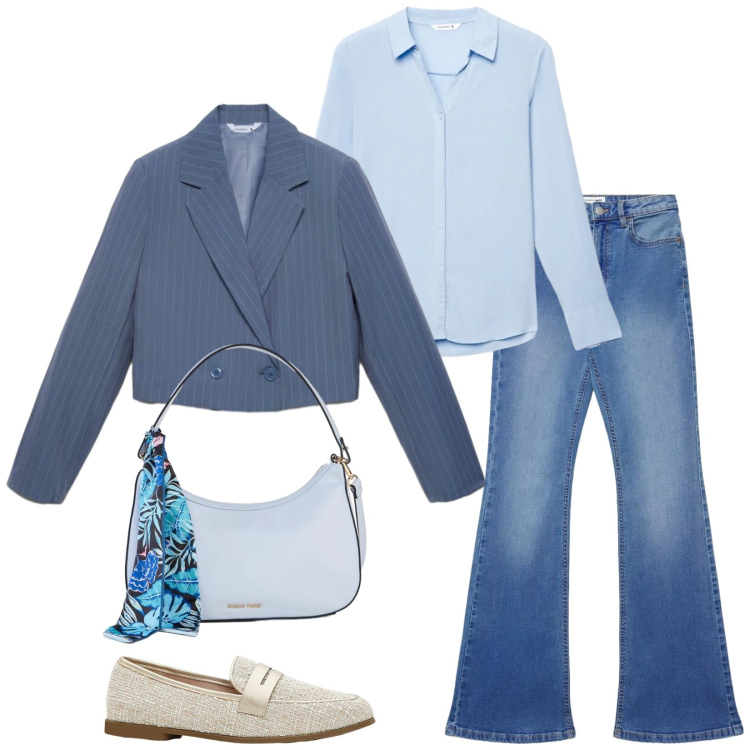 Outfit donna - Total look #2382216. Stile Casual chic per Ufficio. Abbinamento con mocassini, borse a mano, jeans a zampa, blazer, camicie.