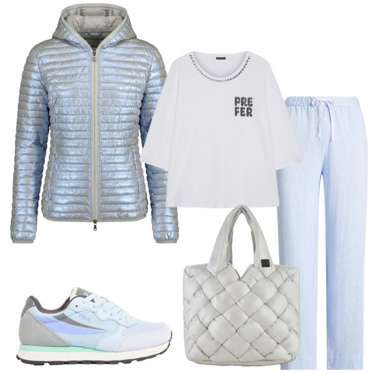 Outfit donna - Total look #2382220. Stile Sporty chic per Tutti i giorni. Abbinamento con sneakers, t-shirt, borse tote, piumini, pantaloni.