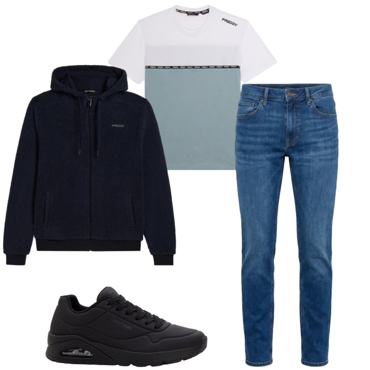 Outfit uomo - Total look #2382223. Stile Casual per Tutti i giorni. Abbinamento con sneakers, jeans, felpe con cappuccio, t-shirt.