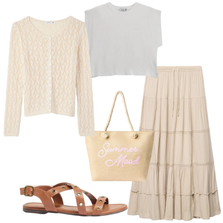 Outfit donna - Total look #2382224. Stile Vintage retrò per Tutti i giorni. Abbinamento con sandali, gonne lunghe, cardigans, borse tote, top.