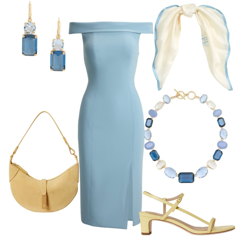 Outfit donna - La luce del celeste e giallino. Stile Chic per Cerimonia. Abbinamento con vestiti a tubino, collane, foulard, orecchini, borse a spalla, sandali in pelle.