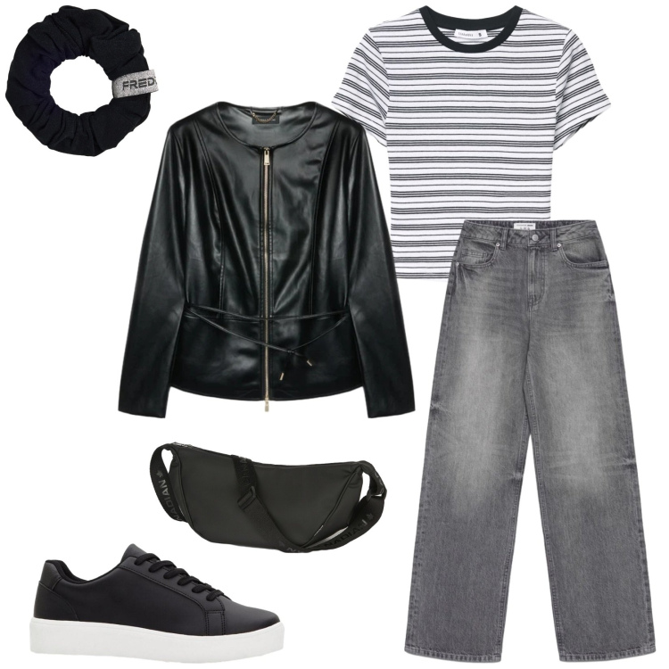 Outfit donna - Total look #2382227. Stile Casual per Tutti i giorni. Abbinamento con sneakers, jeans, t-shirt, blazer, accessori per capelli, marsupi.