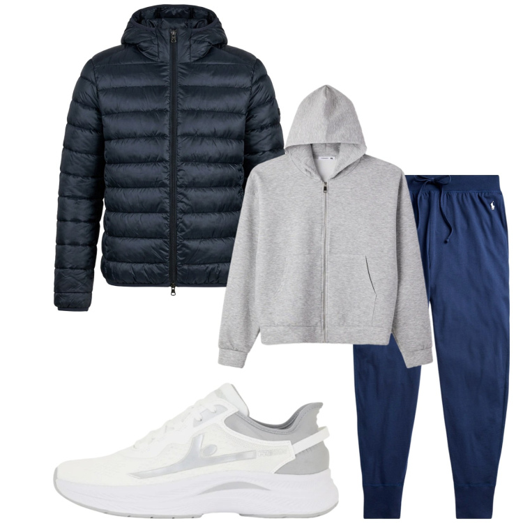 Outfit uomo - Total look #2382229. Stile Urban per Sport. Abbinamento con felpe con cappuccio, sneakers, pantaloni, piumini.