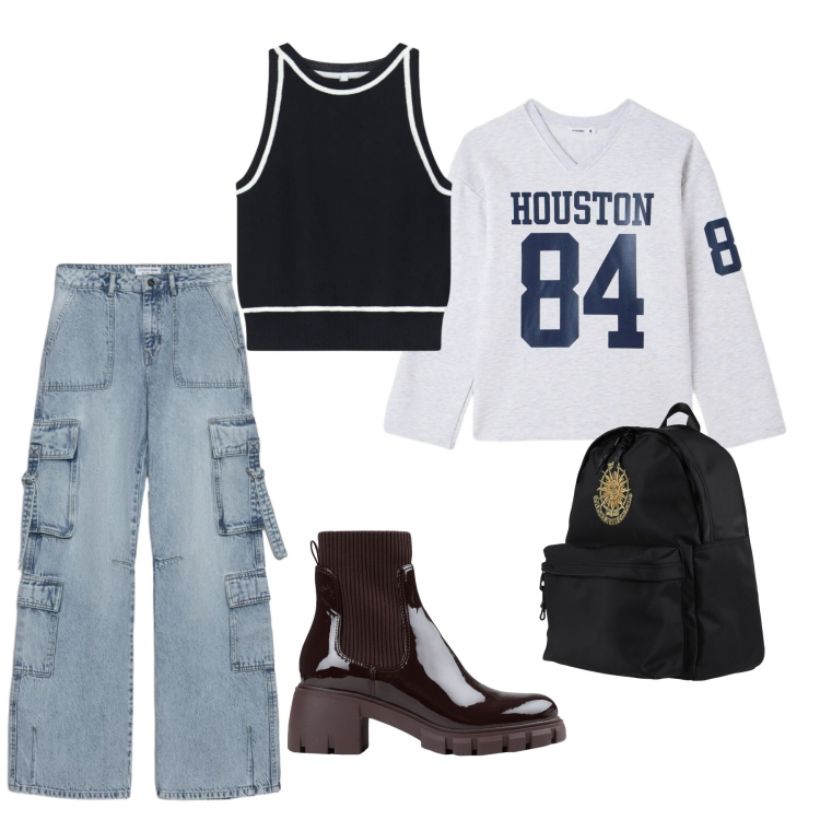 Outfit donna - Total look #2382231. Stile Casual per Tutti i giorni. Abbinamento con stivaletti, zaini, t-shirt, jeans, top.