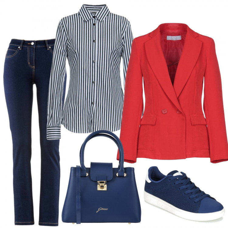 Outfit donna - Trendy #4460. Stile Basic per Tutti i giorni. Abbinamento con jeans dritti, giacca doppiopetto collo con revers a maniche lunghe interno sfoderato crêpe, camicia a righe collo classico a maniche lunghe in cotone twill, borsa a mano taglia media doppio manico interno foderato in pelle tinta unita, scarpe blu.
