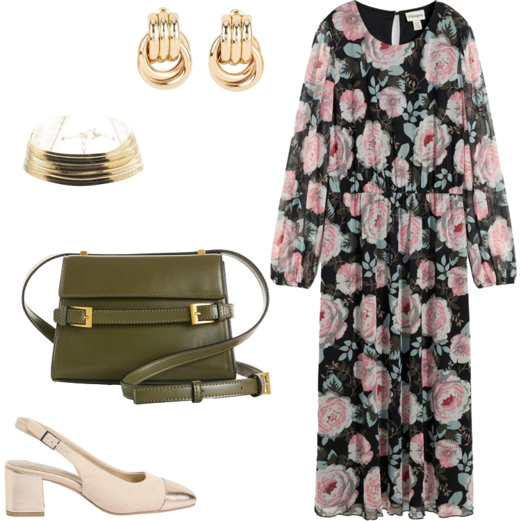 Outfit donna - Il vestito di primavera. Stile Romantica per Tutti i giorni. Abbinamento con vestiti midi/longuette, décolleté, borse a tracolla, orecchini, braccialetti.